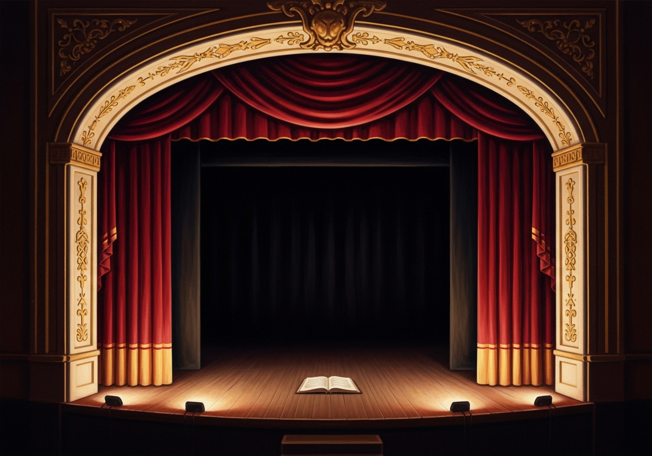 A vintage proscenium stage with red velvet curtains and warm footlights
