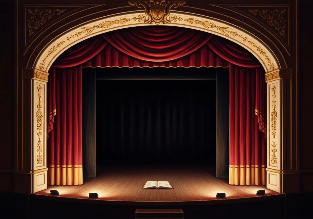 A vintage proscenium stage with red velvet curtains and warm footlights